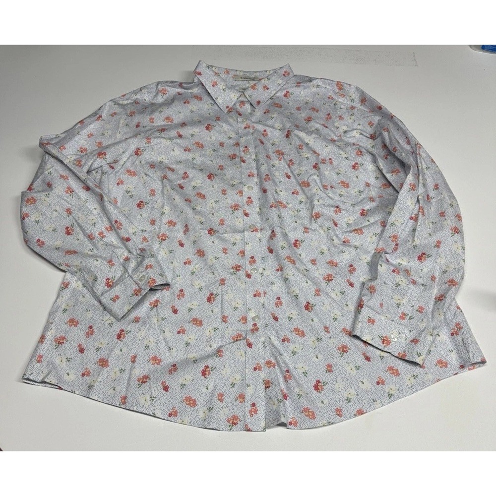 L.L. Bean Wrinkle Free Women's 100% Cotton Blue Floral Button-Up Shirt Size 1X
